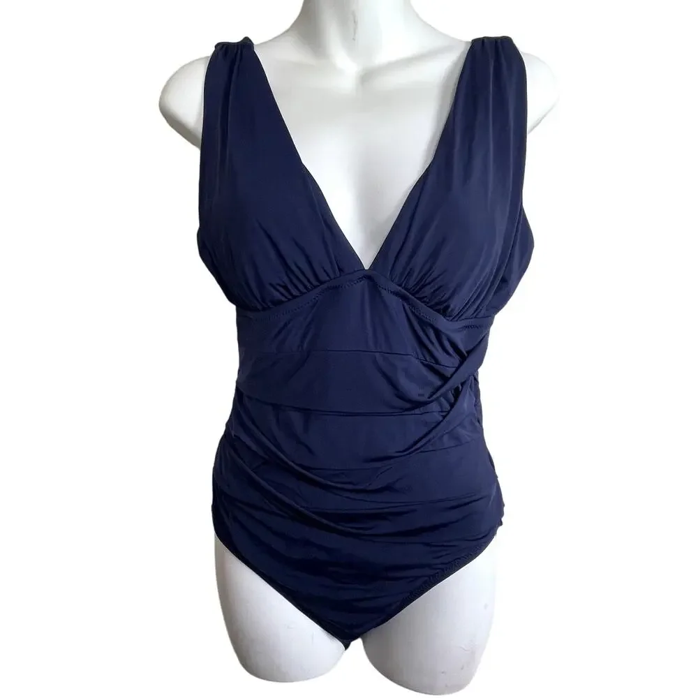Garnet Hill Ruched‎ One Piece Swimsuit Navy Blue Size 8 Flattering Lined
